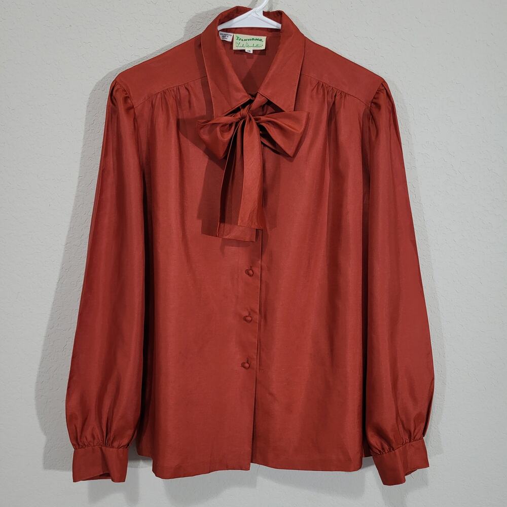 Vintage Blouse Lady Manhattan  Bow Neckline Womens Large Rust Silkhana 80s 90s - Picture 3 of 13